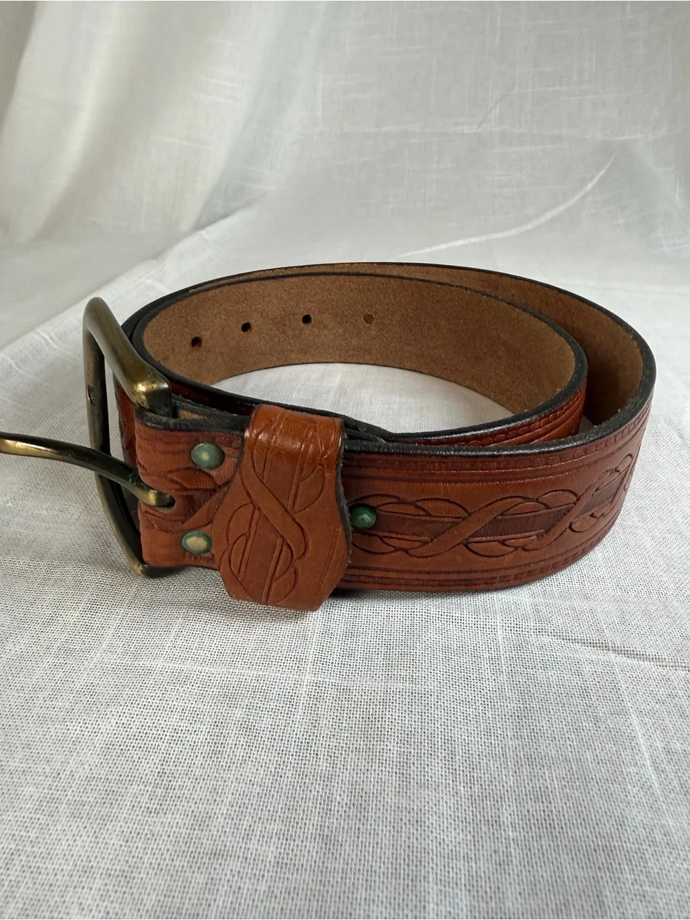 Vintage Hand Tooled Brown Leather Belt Celtic Braid Brass Buckle 29-34”
